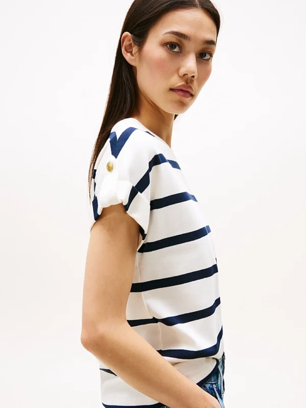 Tshirt Gold Button C-Nk Ivory Silk/Dark Navy Stp 0FG