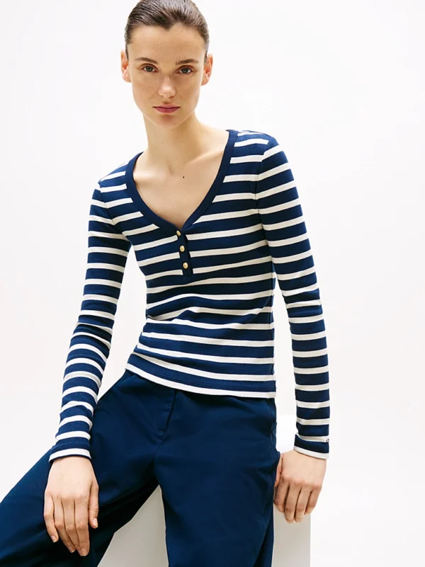 TH Trui Slim Henley Scoop stripe navy